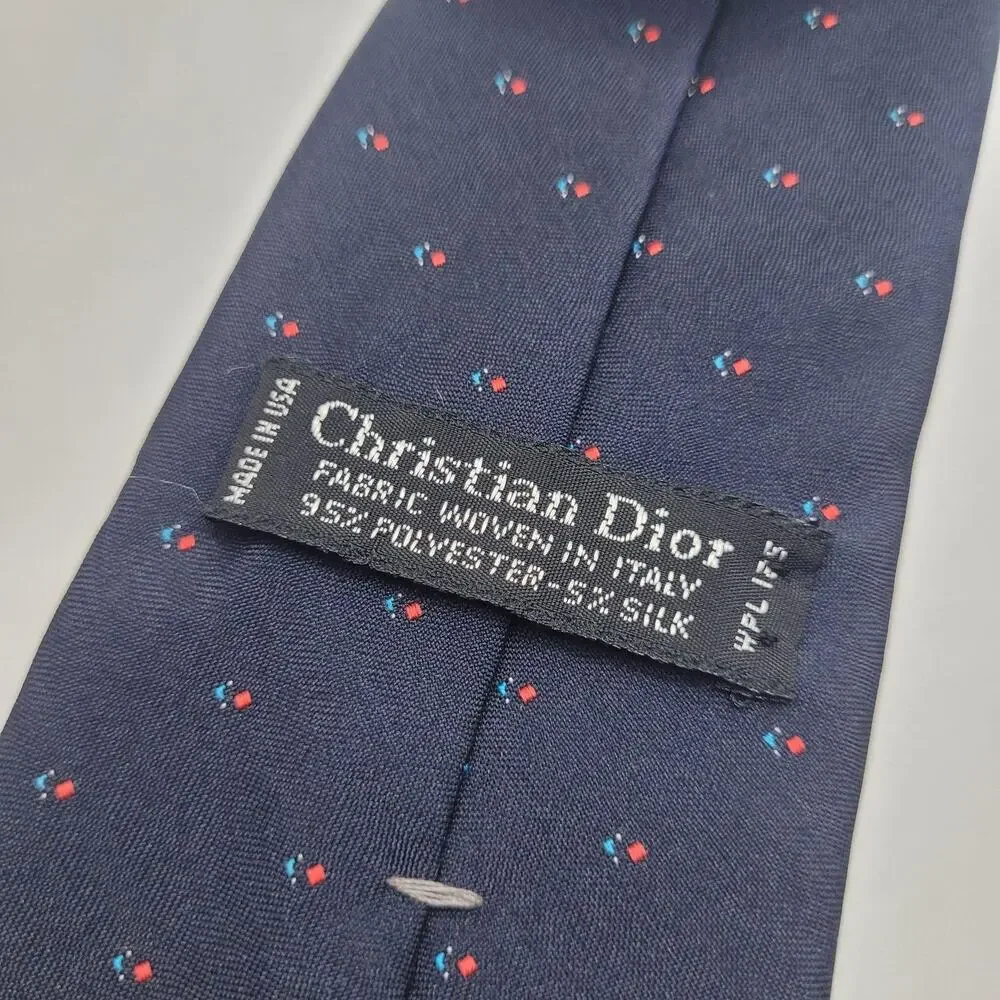 Christian Dior Tie Blue Geometric Silk Blend Logo Necktie USA Classic Designer